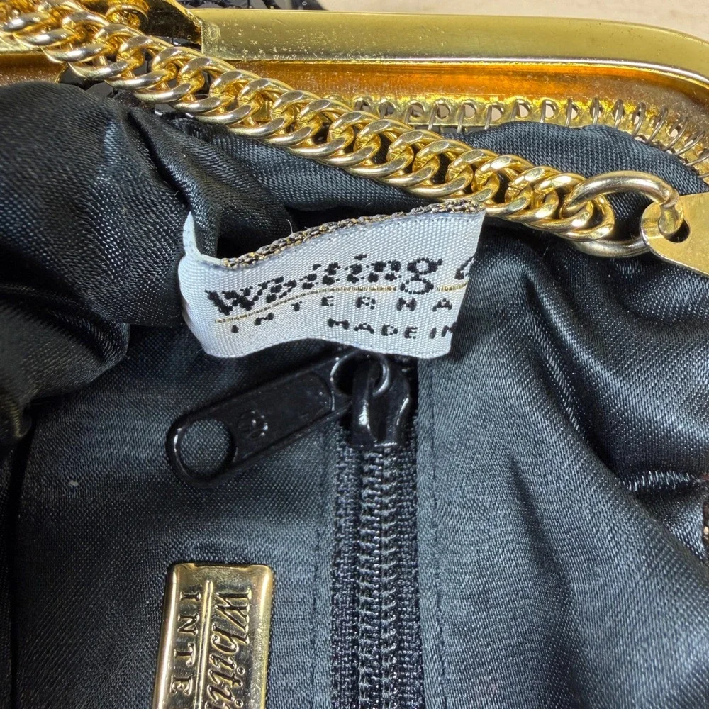Whiting and Davis Vintage Bag Black Metal Mesh Rhinestone Gold Frame Pearl Clasp
